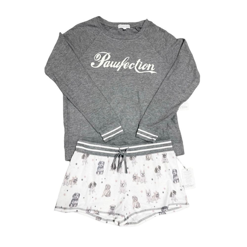 P.J. Salvage Heather Grey Pawfection Top & Shorts Pajama Set Size Medium NEW
